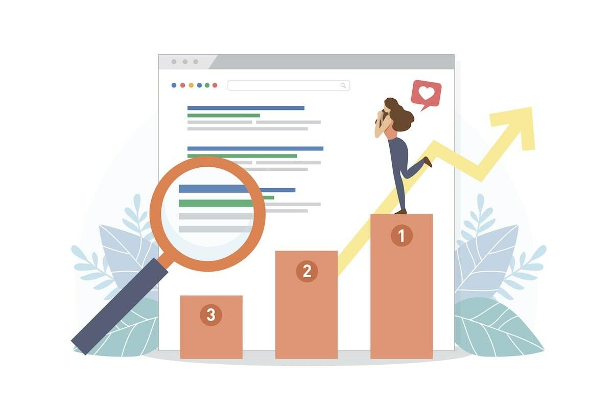 Illustration of a person climbing a bar graph with a magnifying glass and a browser window, symbolizing AI SEO tools.