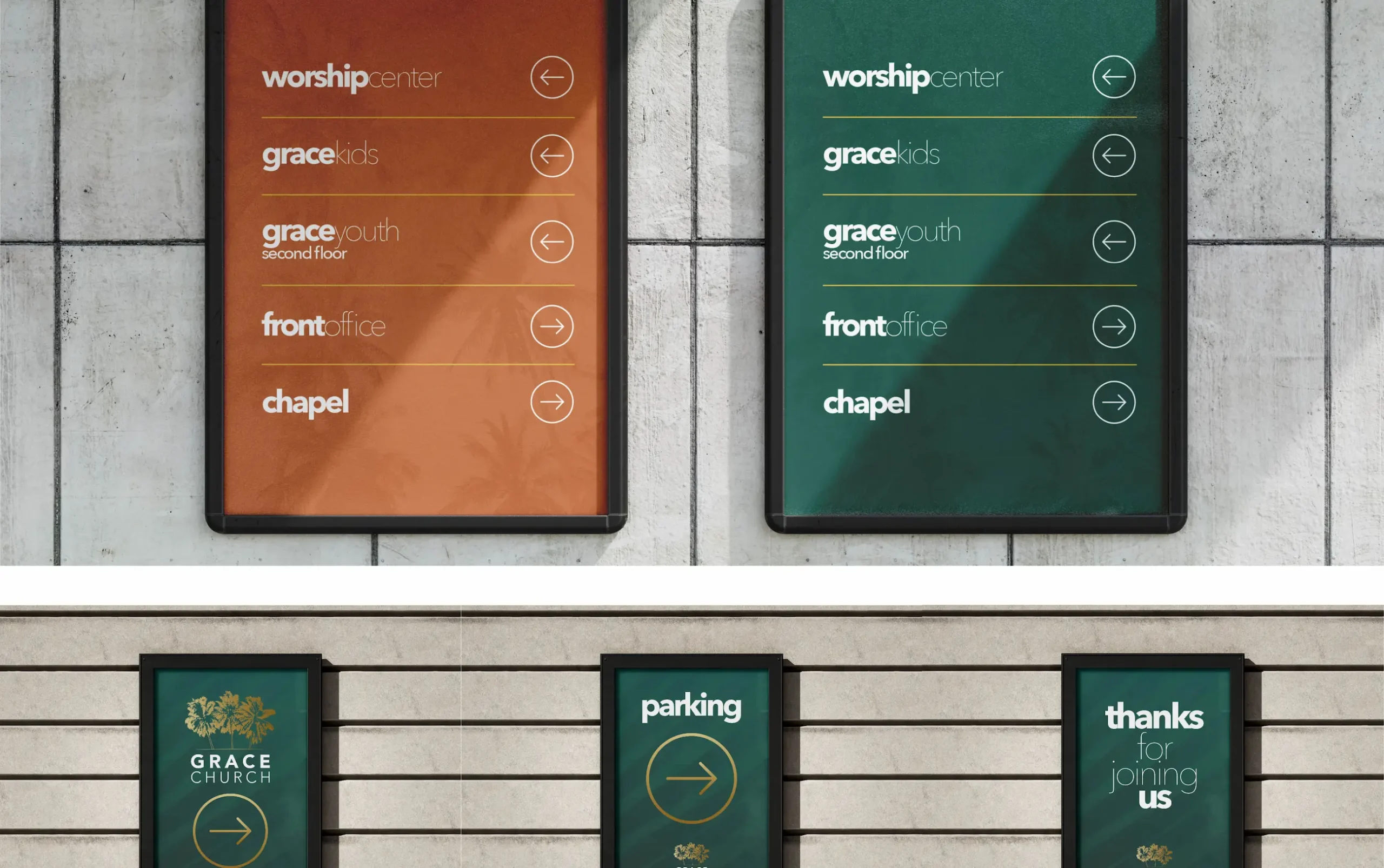 Church directional signs with worship, grace, front, and chapel labels on orange and green boards.