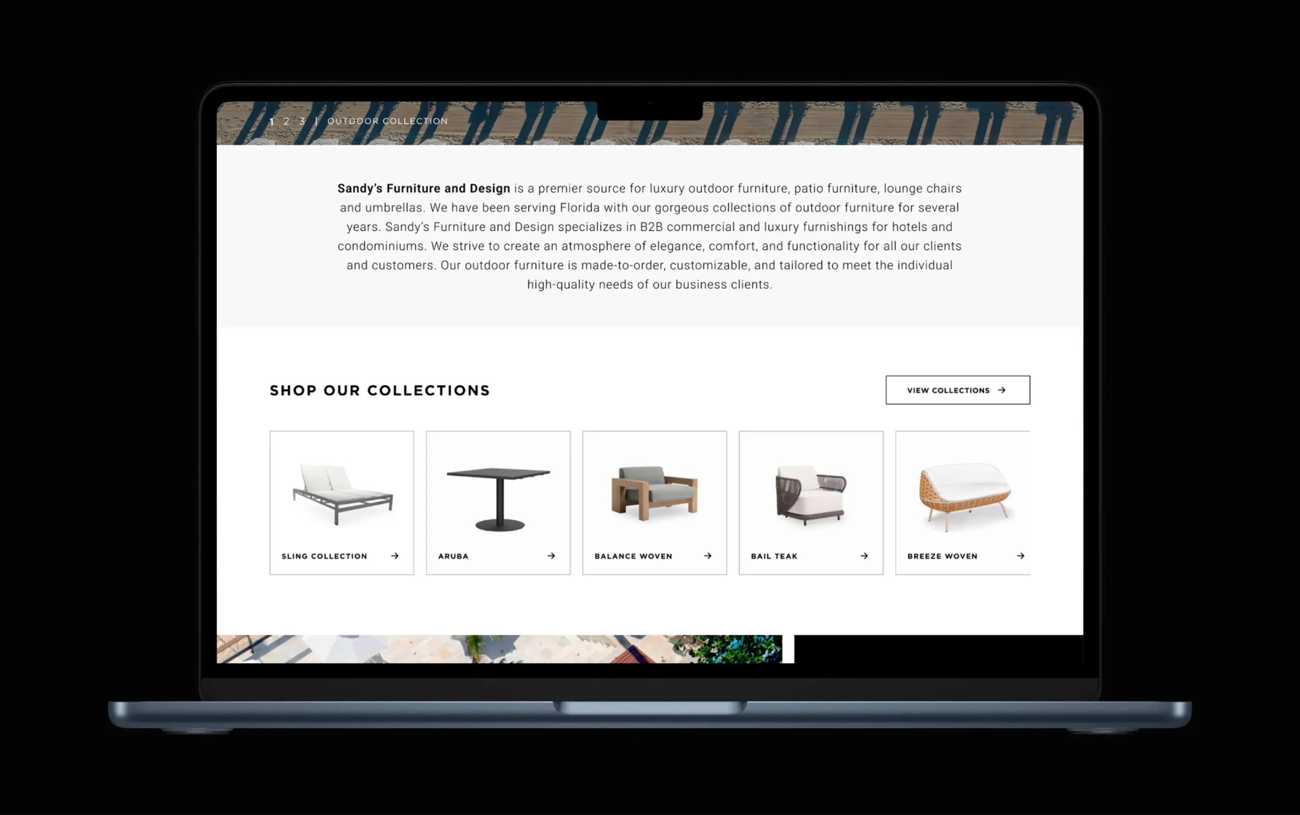 Laptop displaying a website for Emily's Furniture and Design showcasing modern furniture collections.