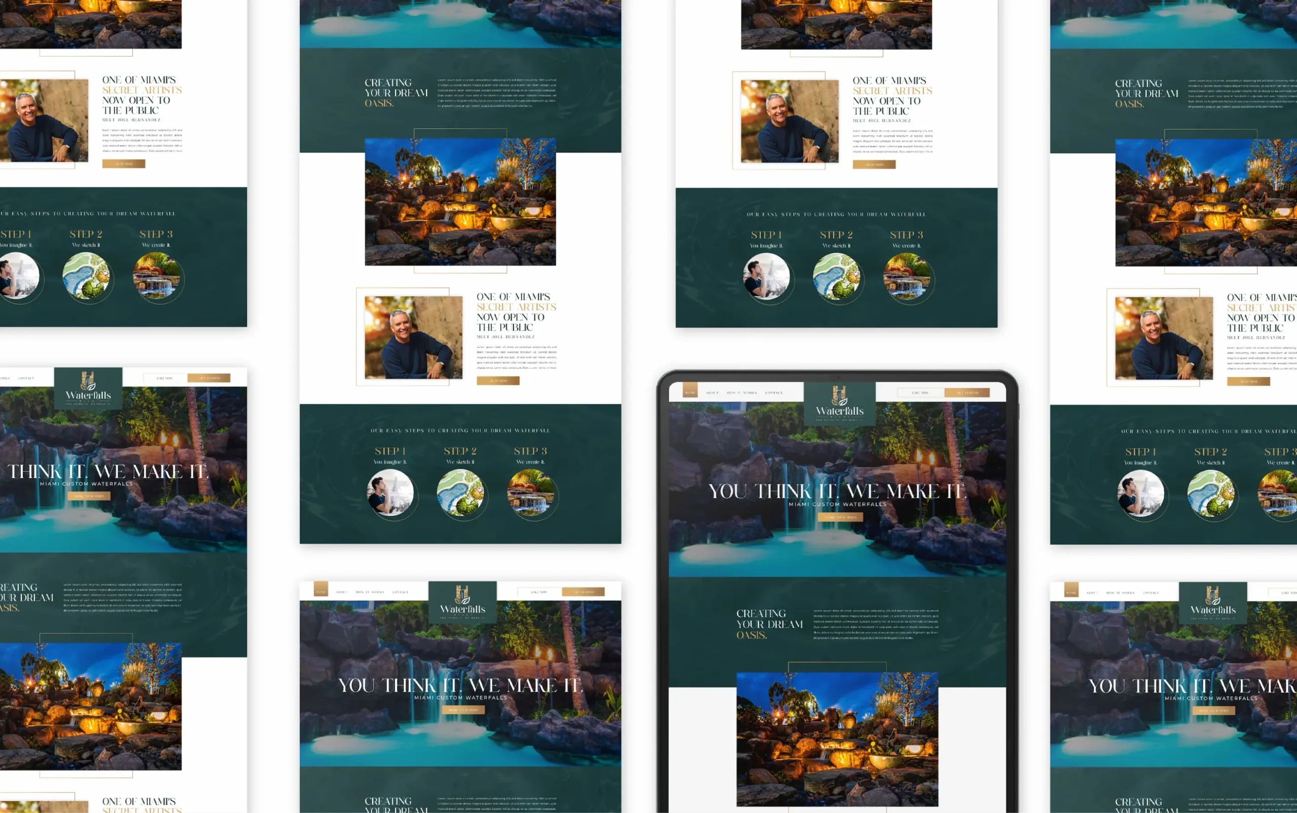 Responsive web design mockup featuring multiple screens with elegant green and gold themes.