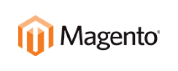 Magento logo with orange icon and black text on a transparent background.