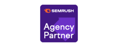 SEMrush Agency Partner logo featuring a purple background and bold white lettering with an orange SEMrush icon.