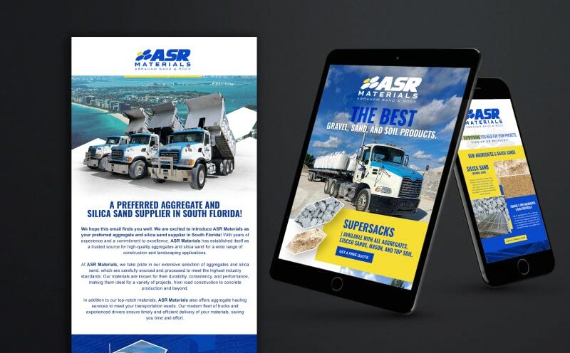 Digital marketing materials featuring ASR Materials with trucks and construction equipment on screens.