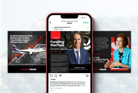Business magazine layout with smartphone showcasing finance content and professional profiles.
