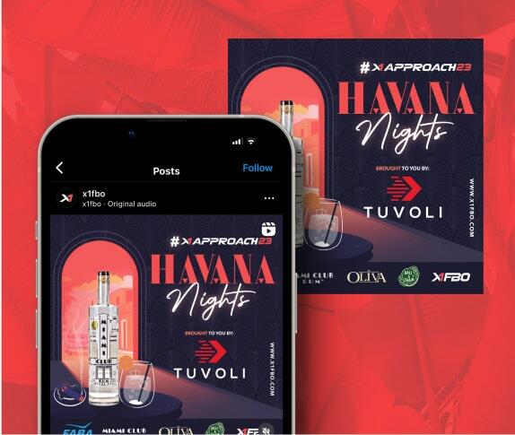Mobile phone displaying a social media post for Havana Nights event with a drink bottle and vibrant red background.