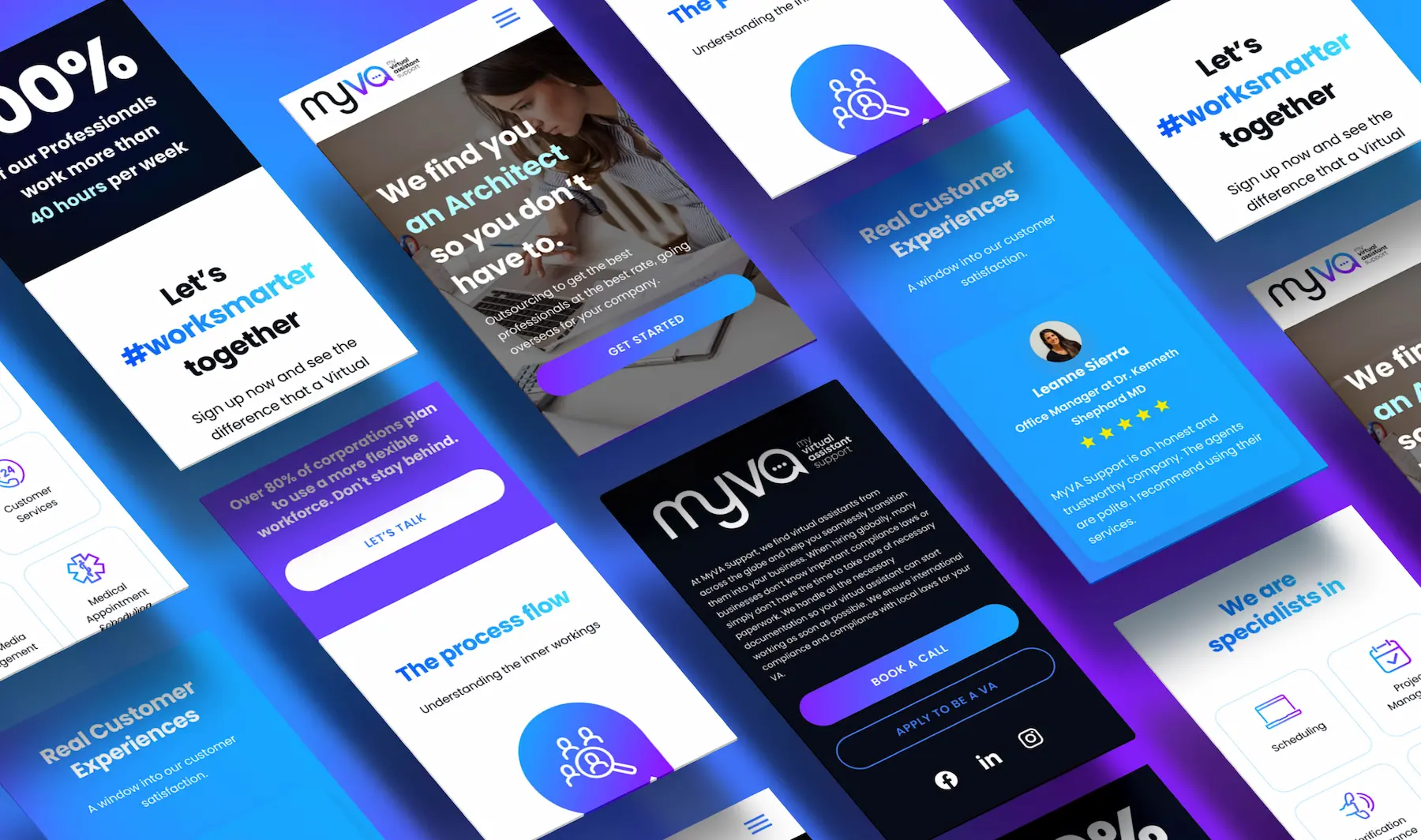 Mobile app interfaces displayed in a vibrant purple and blue gradient layout.