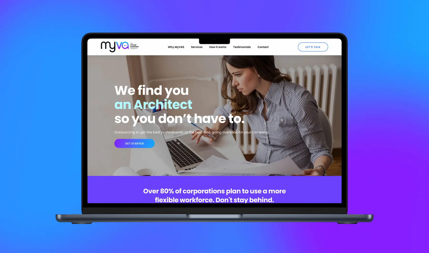 Laptop displaying a website with a woman working remotely in front of a purple gradient background.