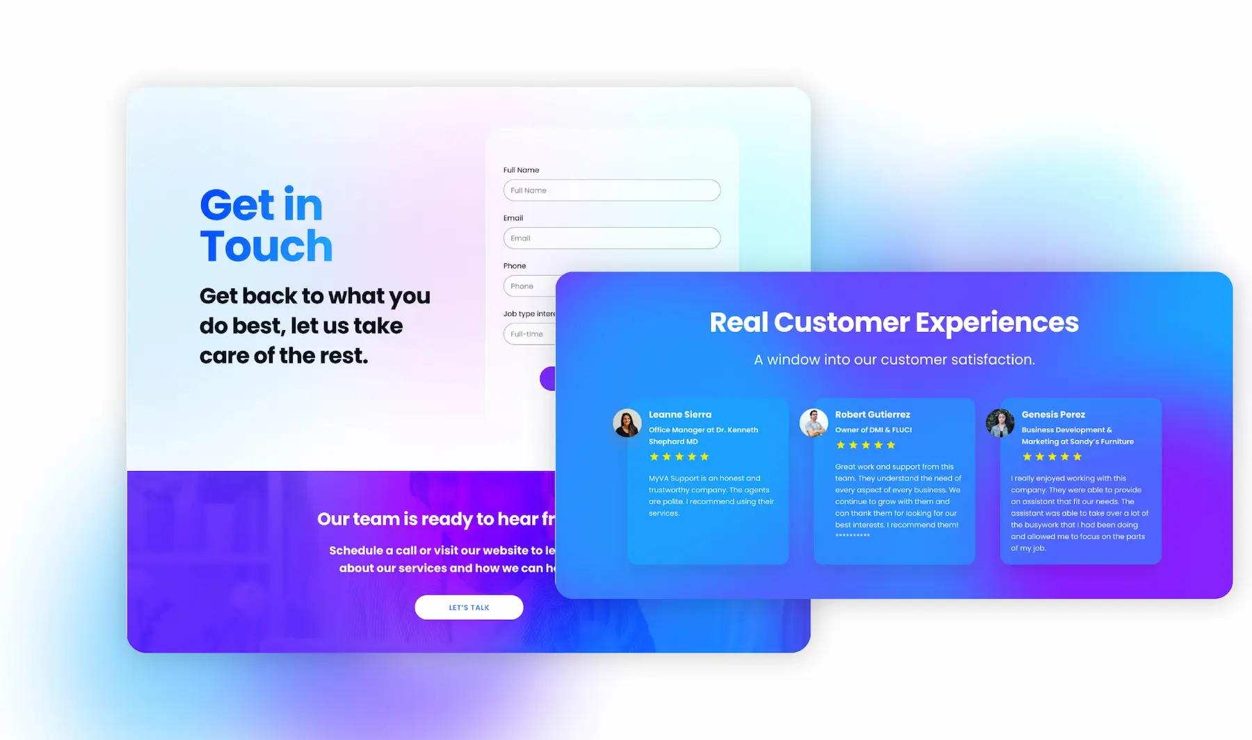 Vibrant customer reviews and contact form on a digital interface.