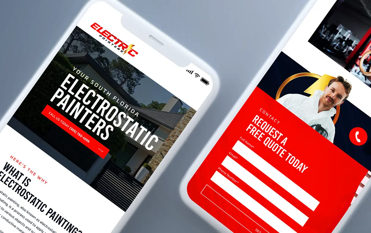 Mobile view of a website showcasing electrostatic painting services, featuring a quote request form.