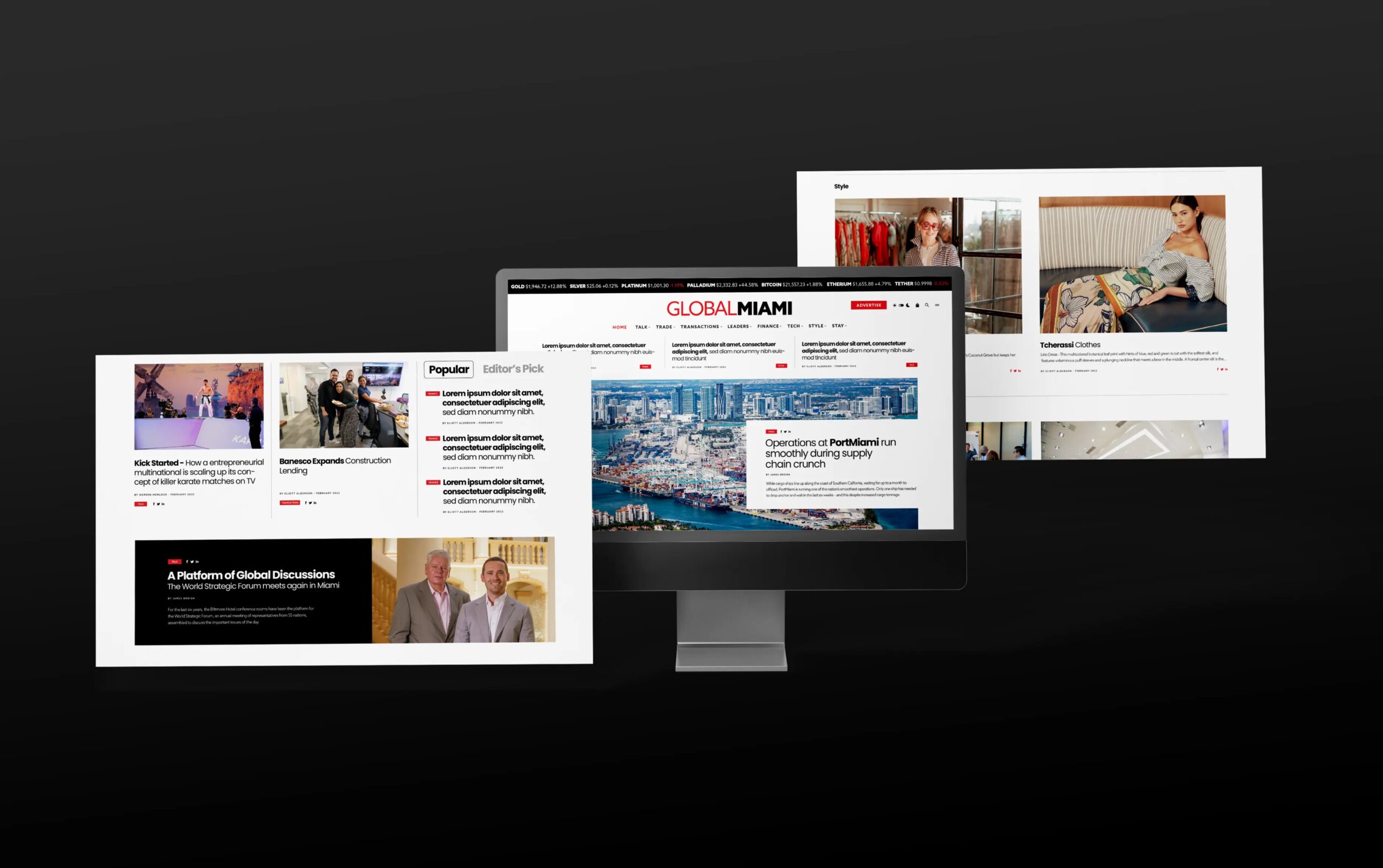 Computer screen displaying a sleek digital news platform with various articles.