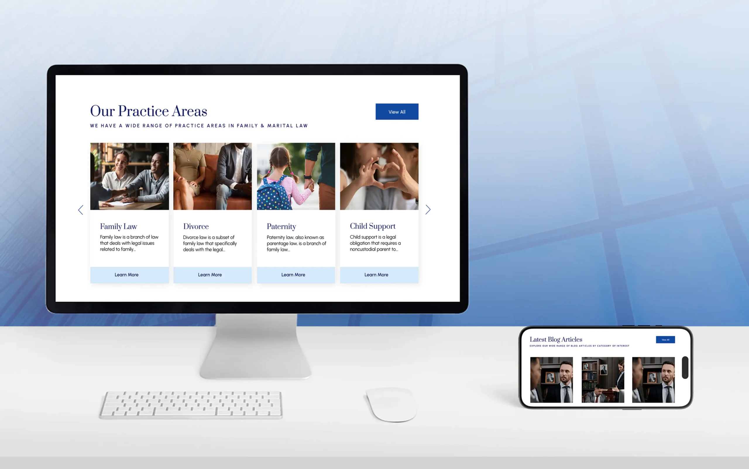 Computer and smartphone displaying a professional law firm's website, showcasing practice areas and engaging content.