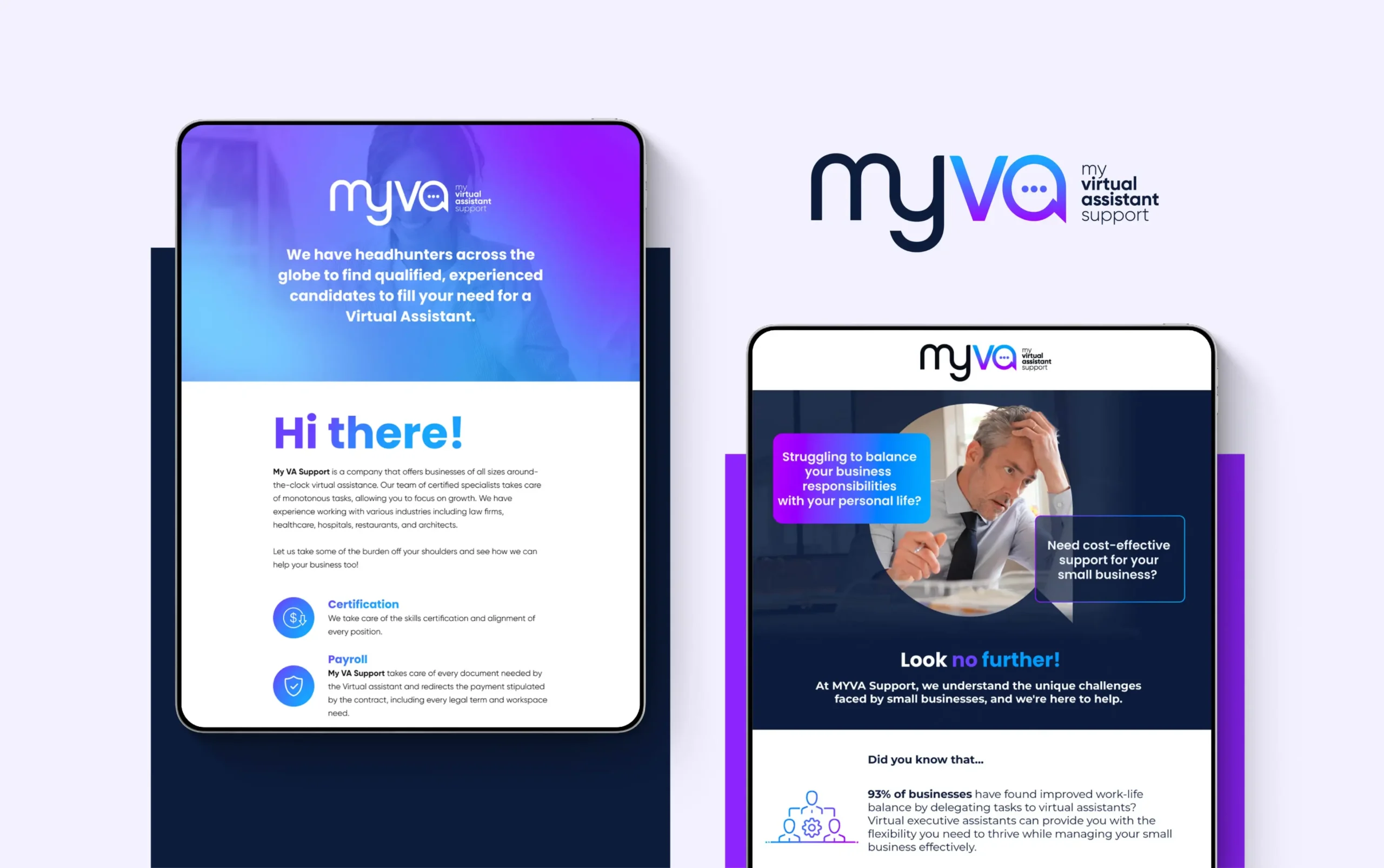 Virtual assistant service brochure with vibrant blue and purple design elements.