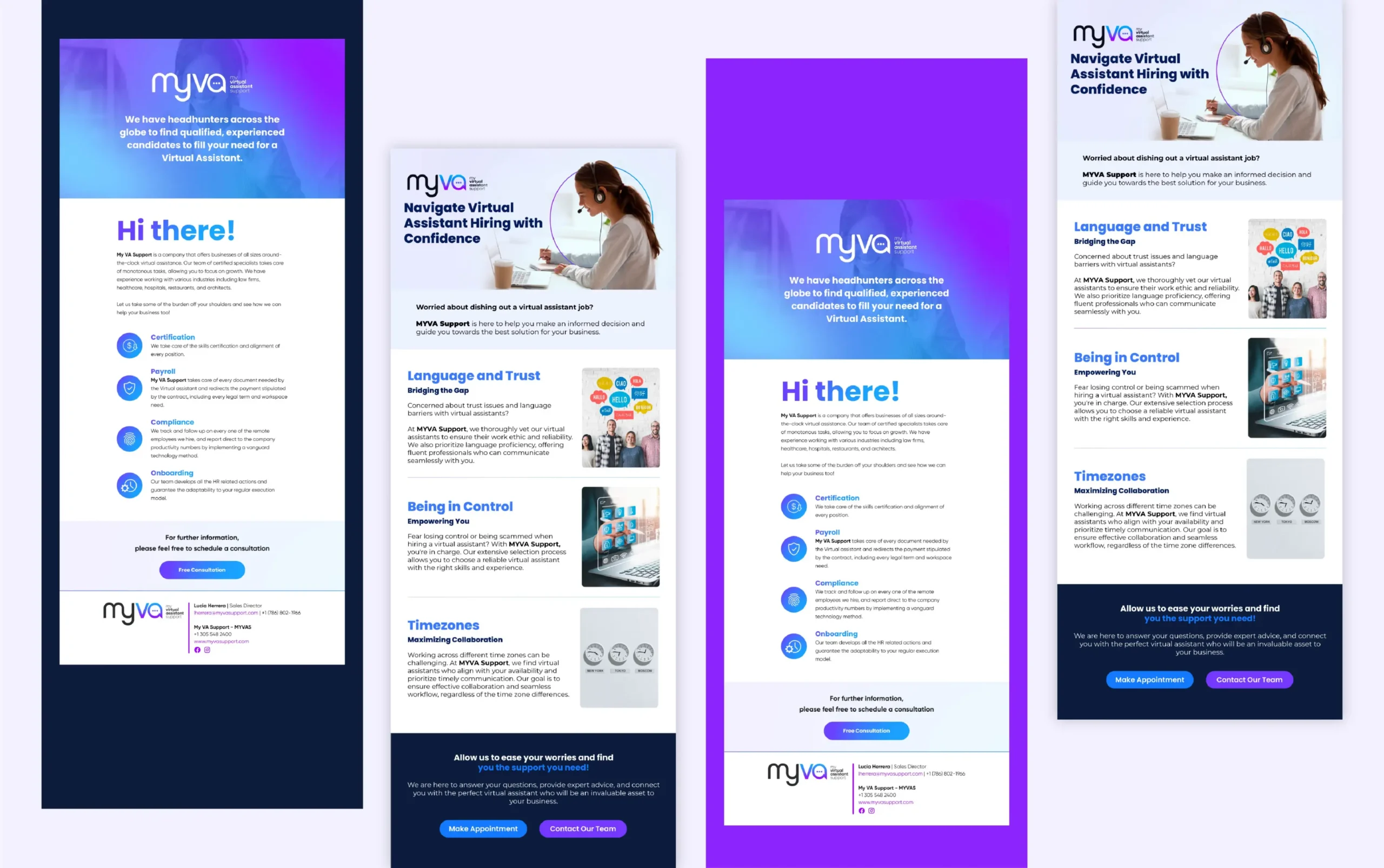 Four vibrant digital marketing flyers featuring a woman working on a laptop, graphs, and vibrant colors.