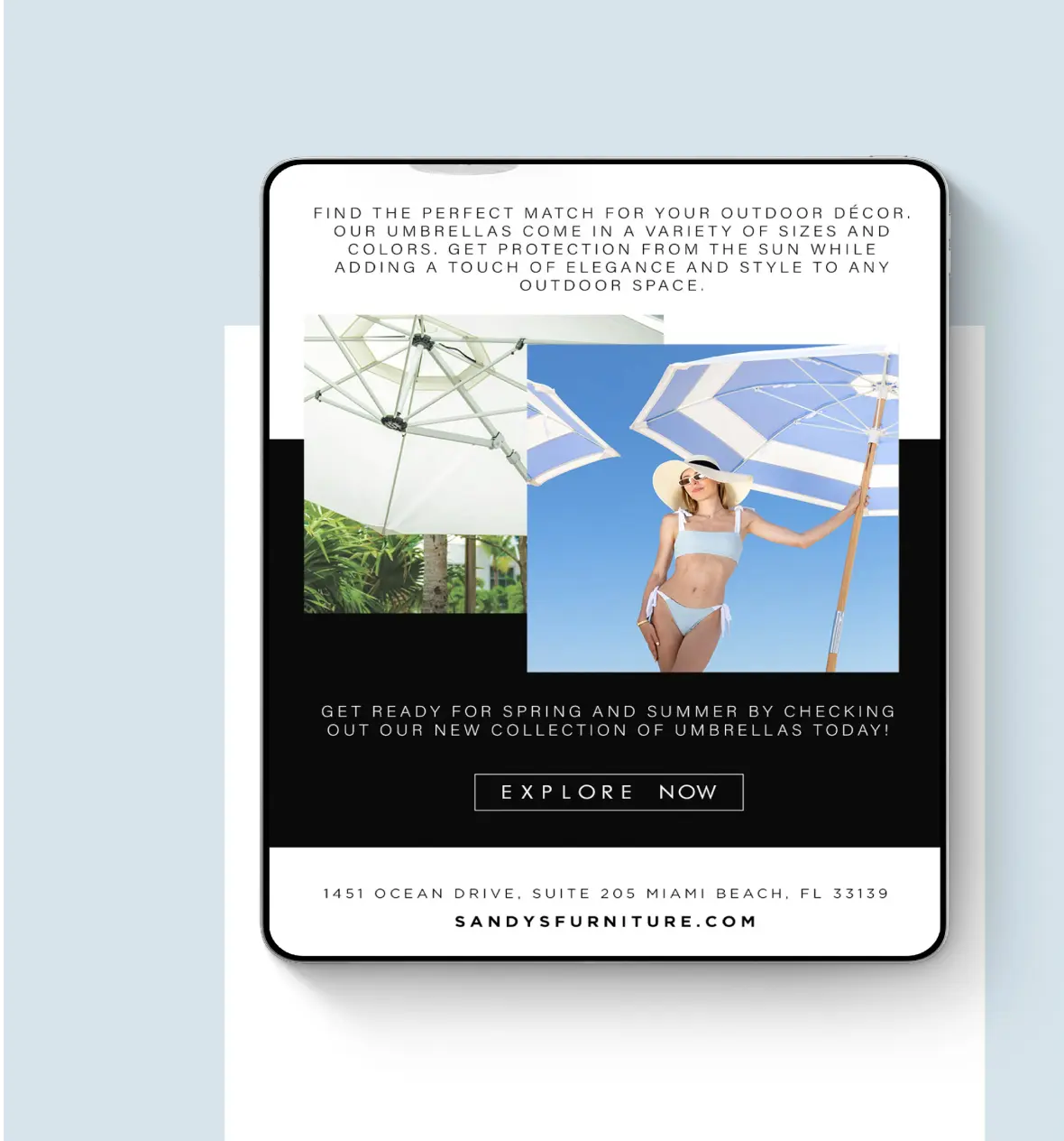 Stylish outdoor umbrellas and a model showcasing elegant summer decor.