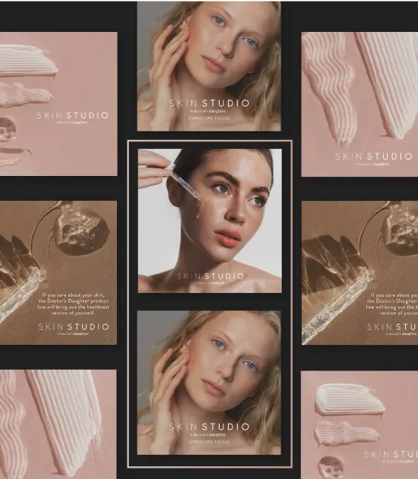 Collage of skincare product mockups featuring diverse models and cream textures against a minimalist backdrop.