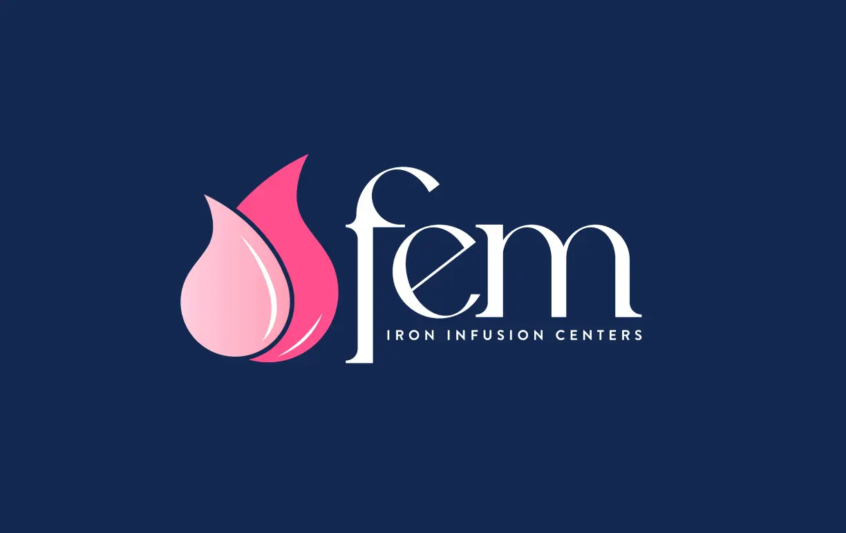 FEM Iron Infusion Centers logo featuring a pink droplet on a blue background.