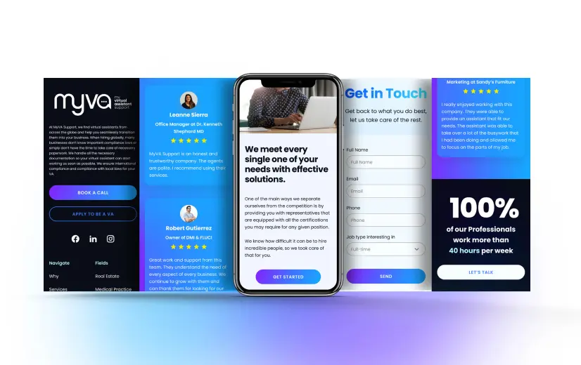 Mobile phone displaying marketing services with vibrant background elements and client reviews.