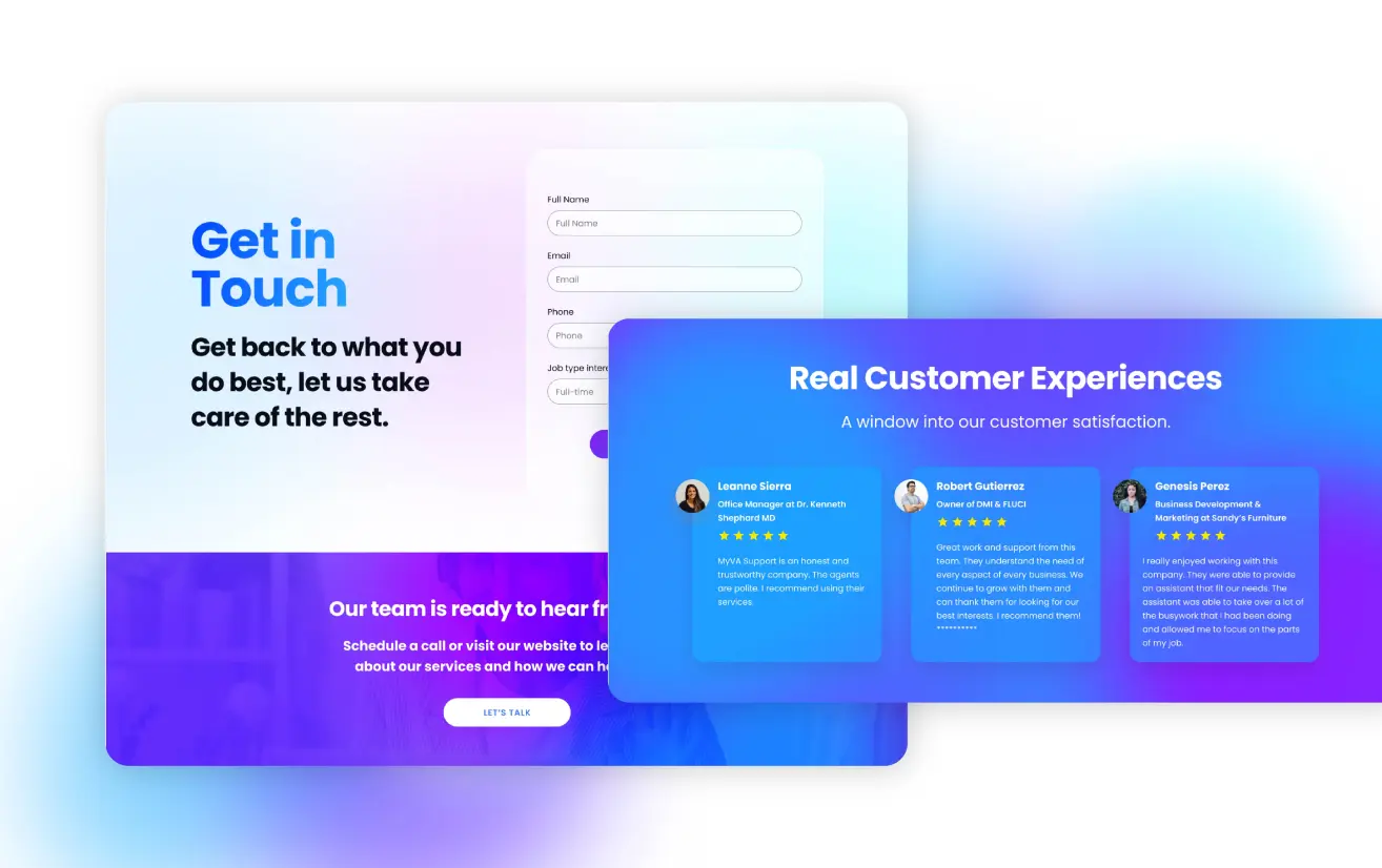 Vibrant marketing services webpage with contact form and testimonials.