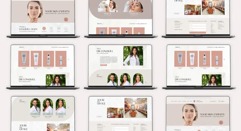 Multiple laptop screens displaying a beauty marketing campaign featuring product images and professional portraits.