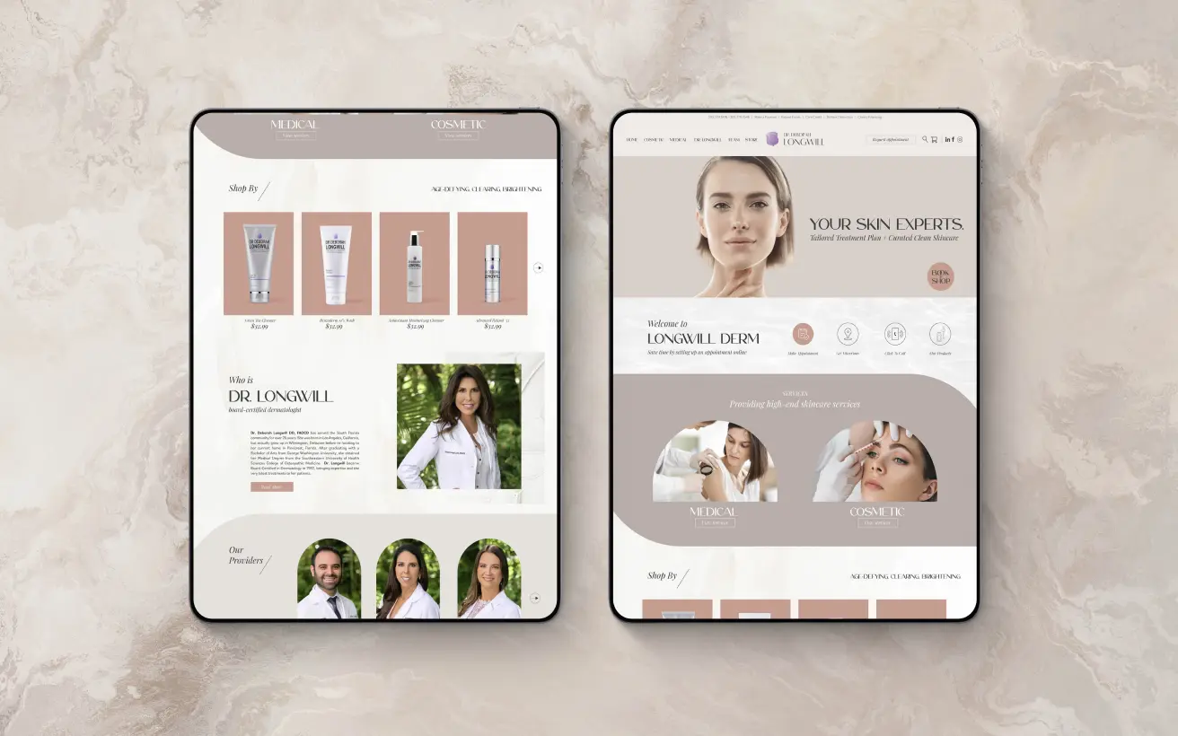 Two tablets displaying beauty and skincare product websites with elegant design.