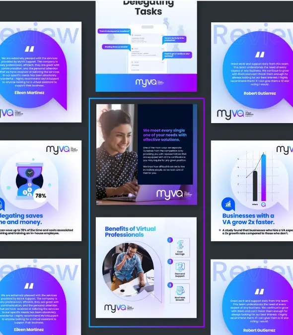 Collage showcasing benefits of virtual assistants, productivity tips, and growth statistics with vibrant graphics.