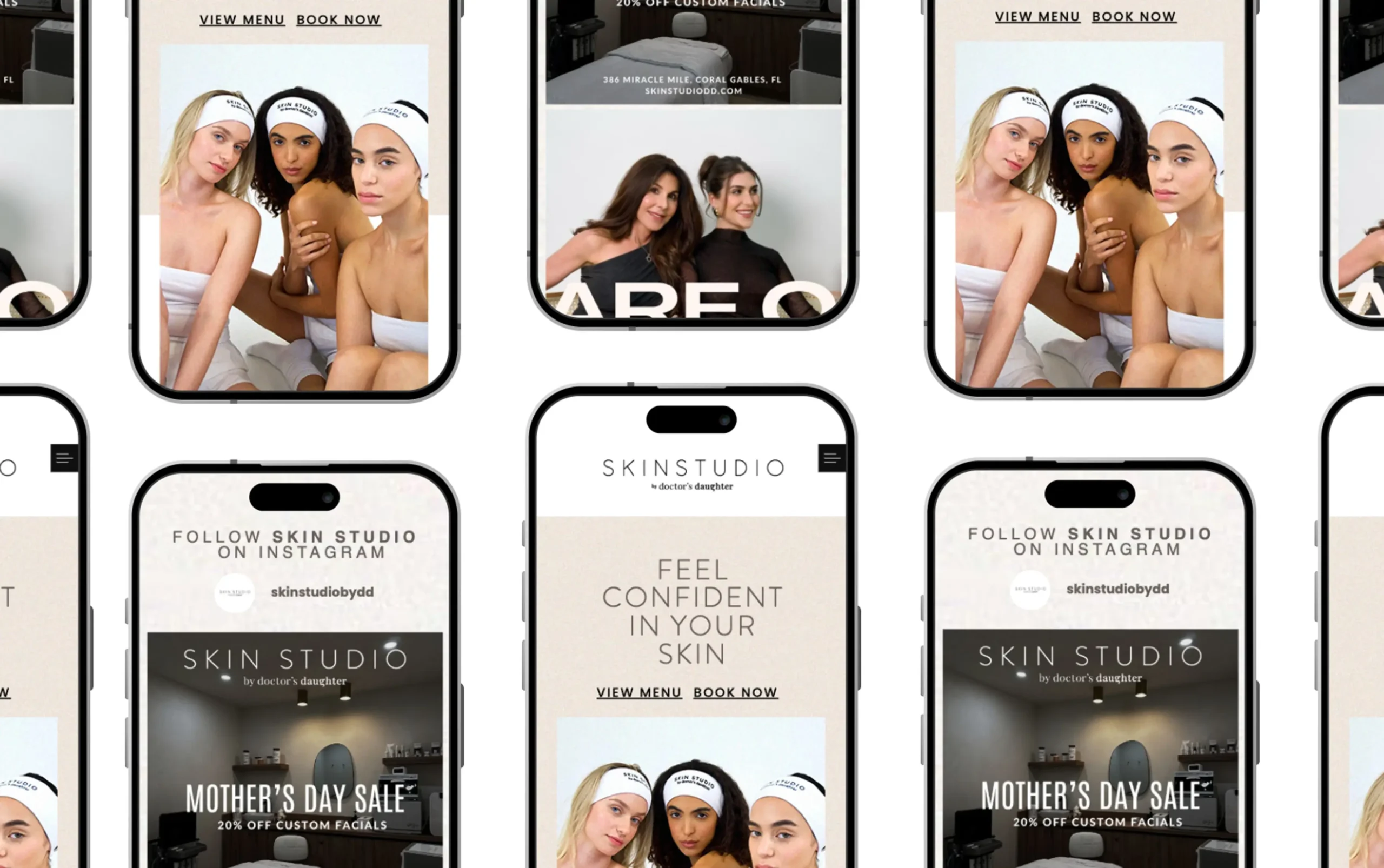 Collage of mobile screenshots featuring skincare sessions and promotions.