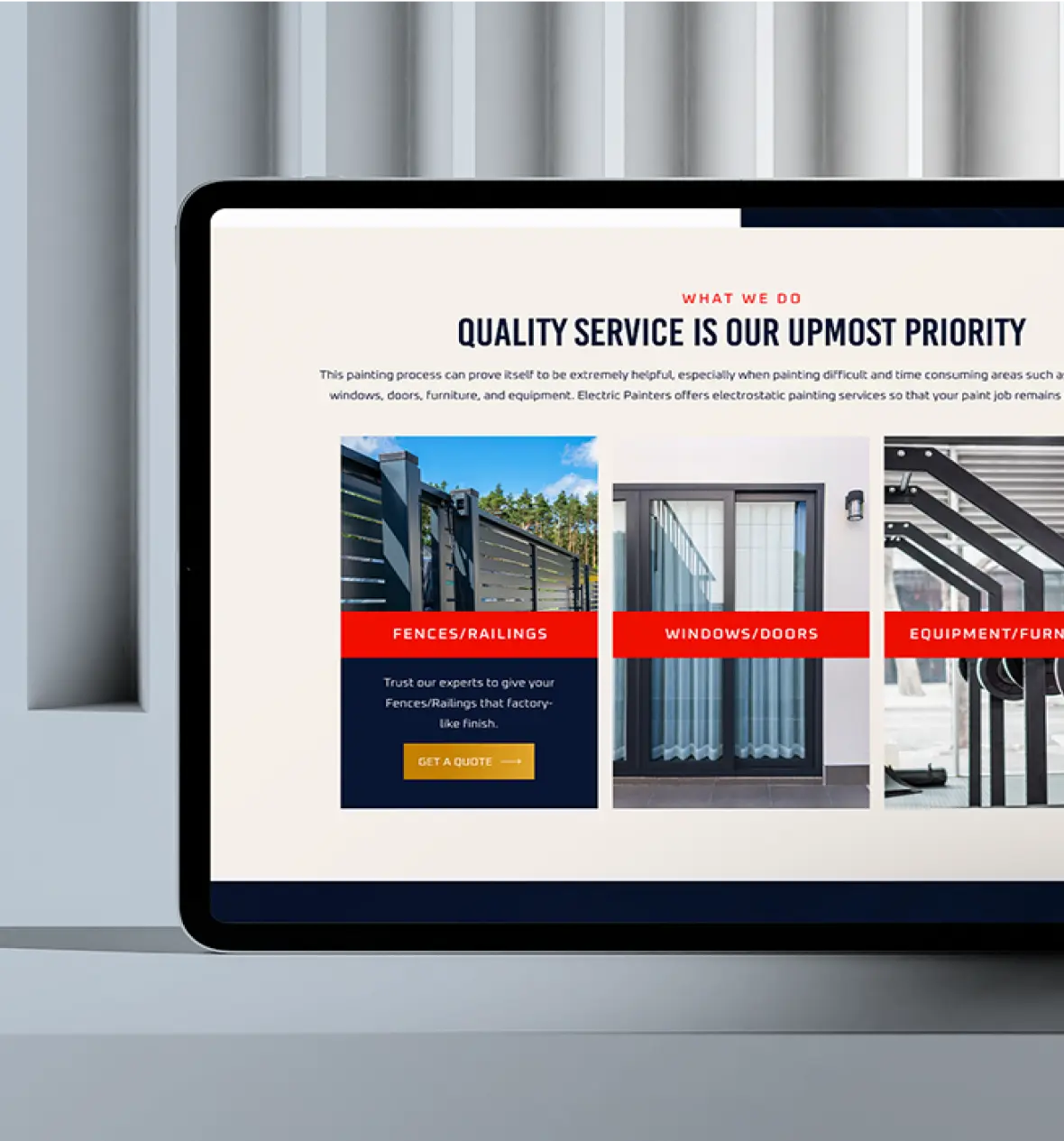Laptop displaying a website highlighting quality service with an emphasis on fences, windows, and outdoor equipment.