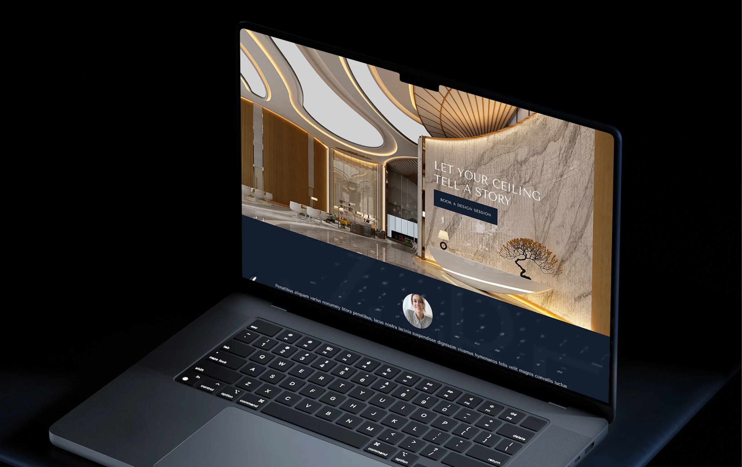 Sleek laptop with vibrant webpage display on a dark background.
