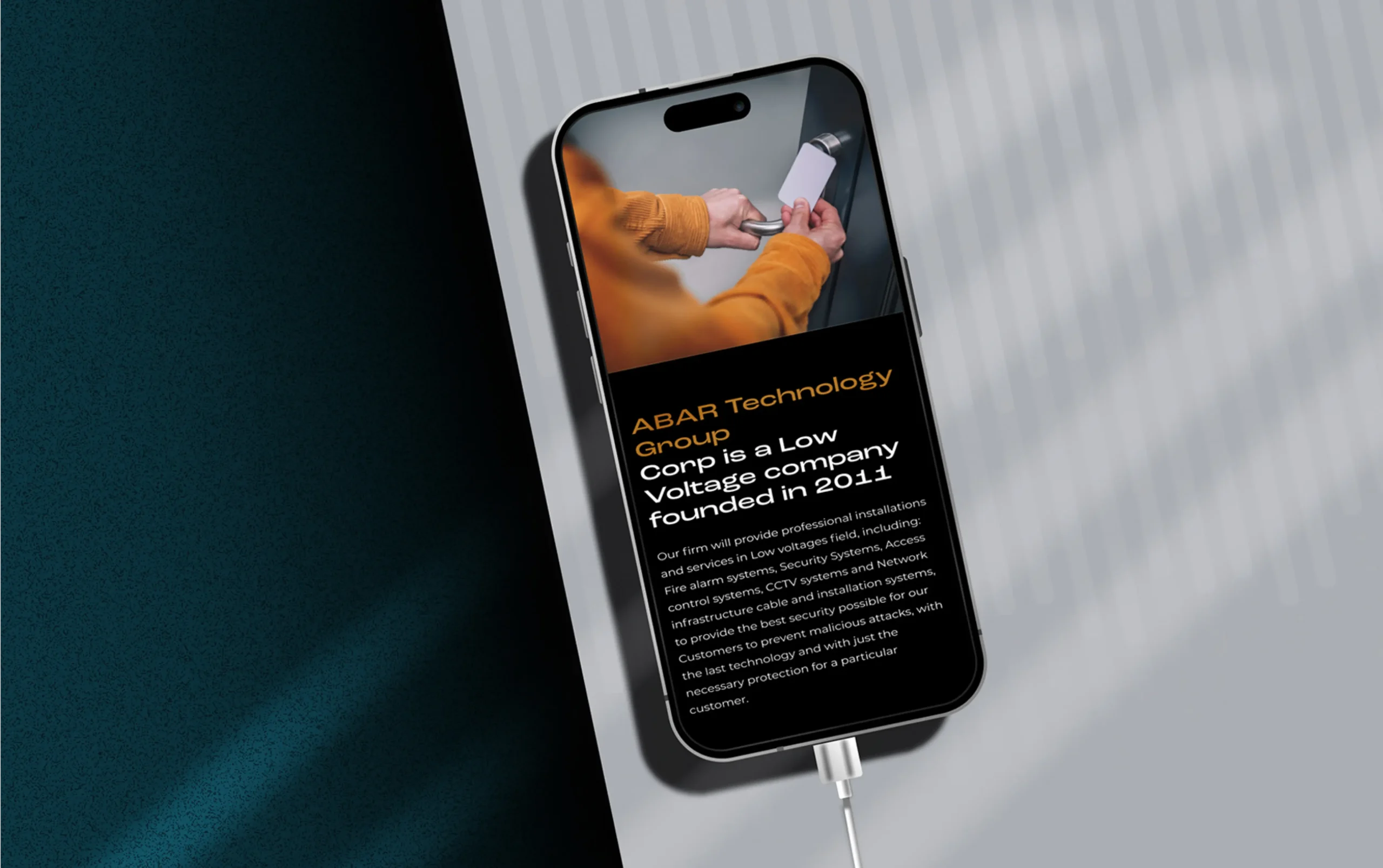 Smartphone displaying information about ABAR Technology Group on a sleek background.