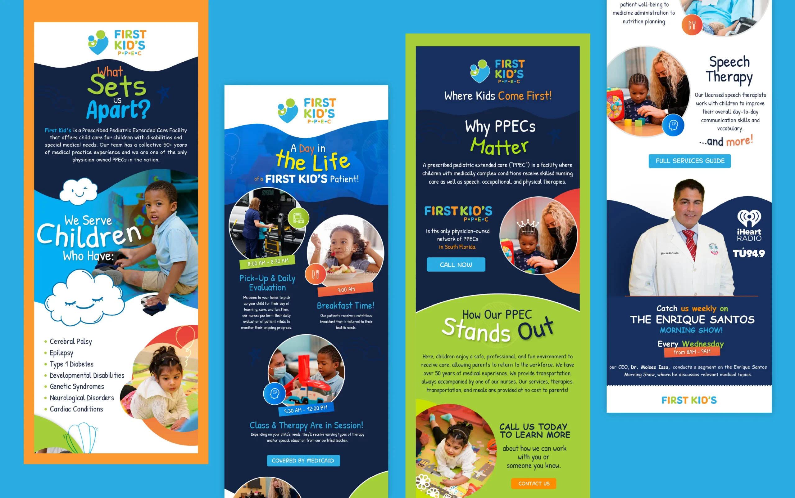 Colorful promotional banners highlighting child care services with images of children and a healthcare professional.