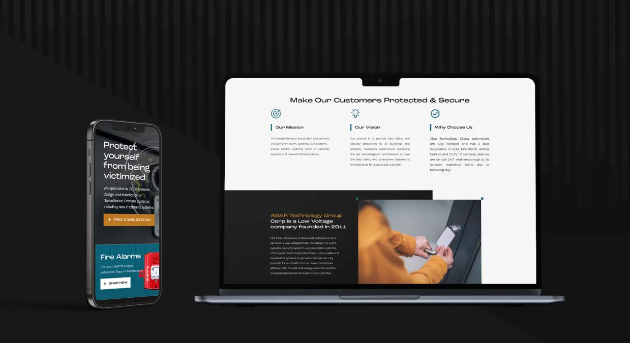 Smartphone and laptop display cybersecurity solutions on sleek dark background.