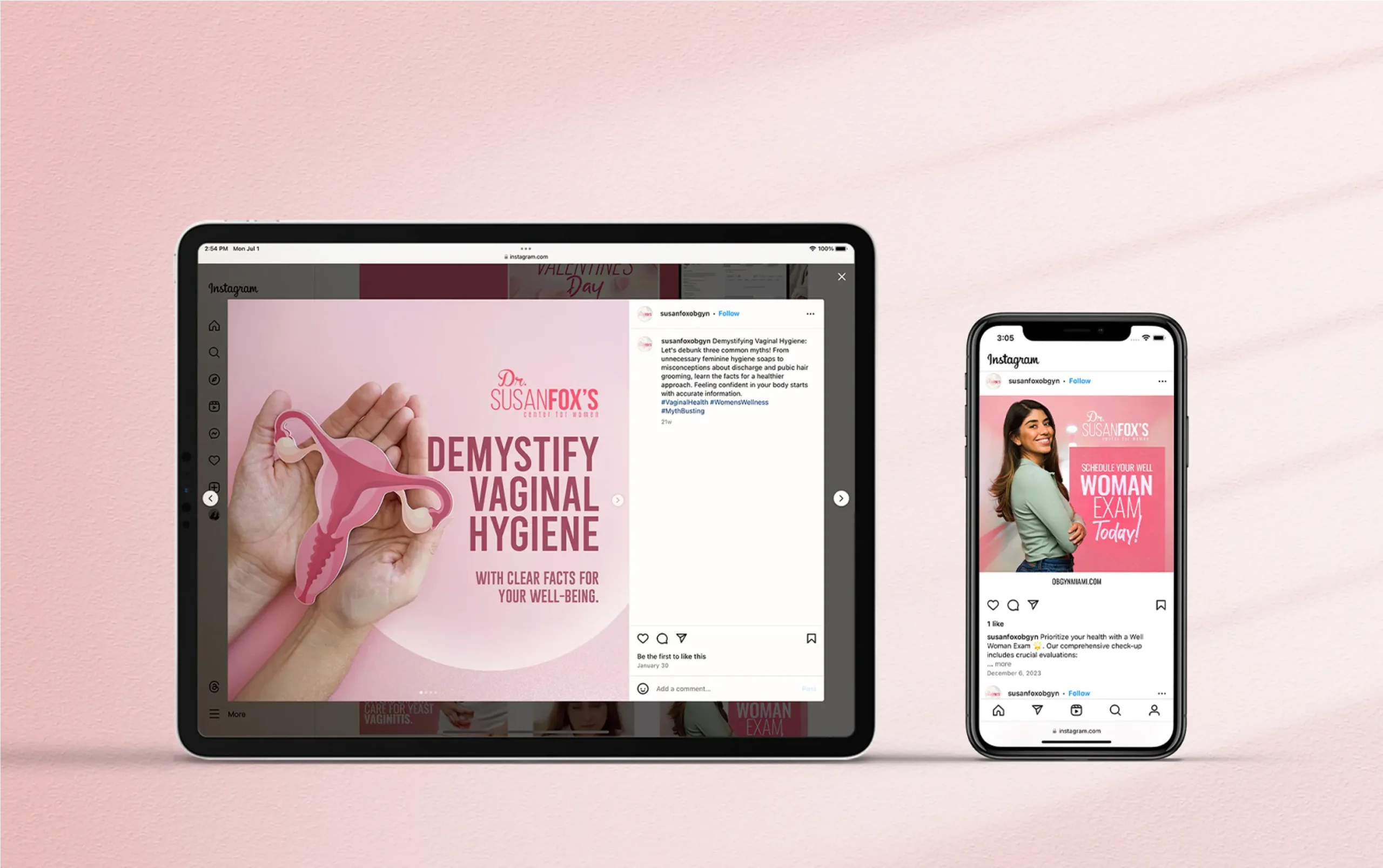 Tablet and smartphone displaying a social media post about vaginal hygiene with a pink theme.