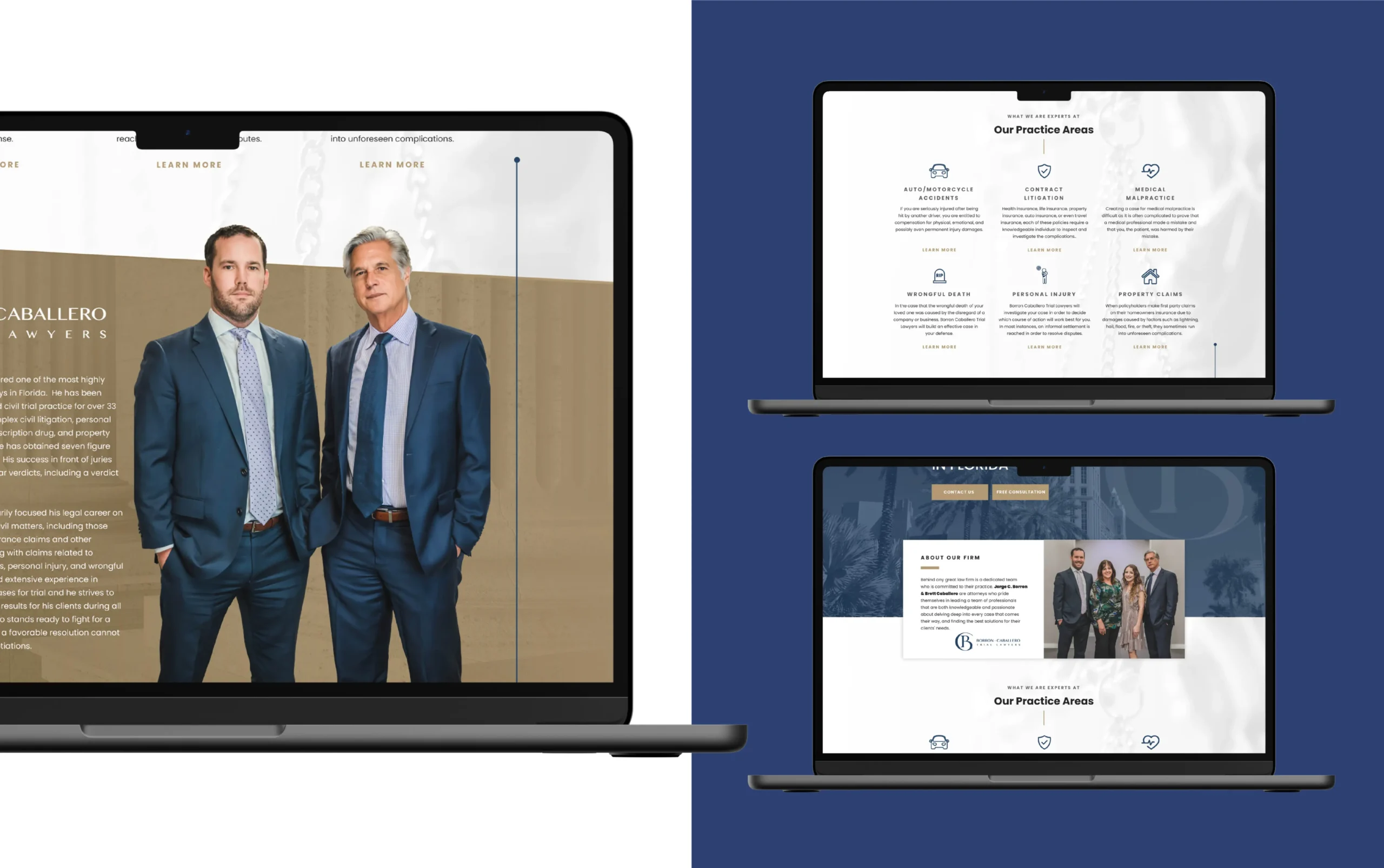 Two businessmen in suits on a split-screen laptop display with website design on the right.