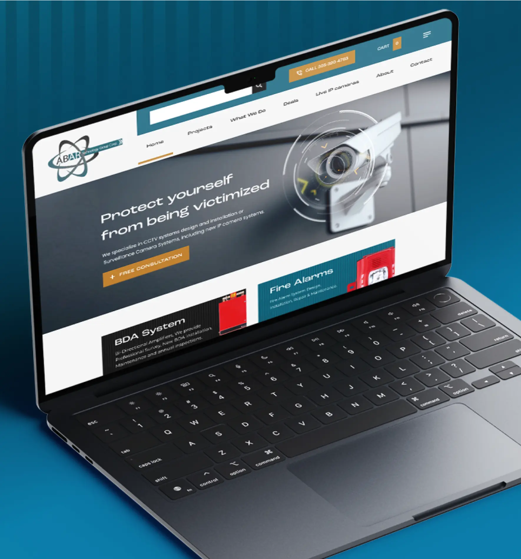 Laptop displaying a security technology website with a blue background.