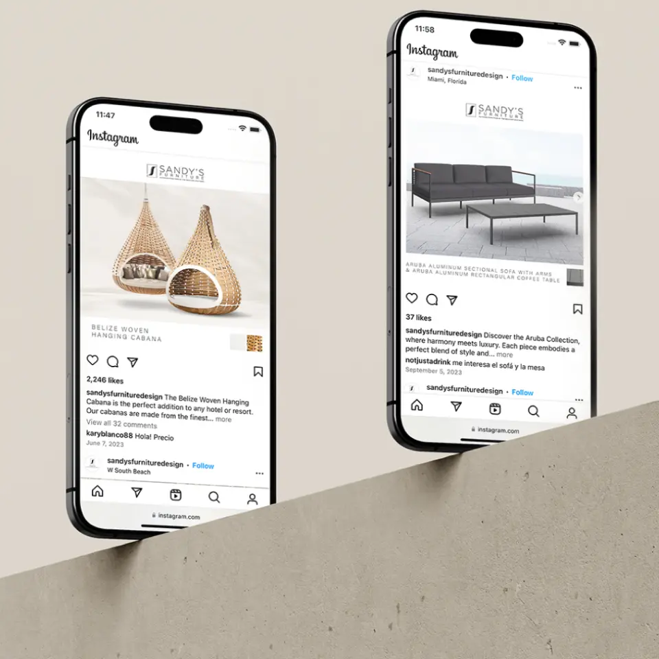 Two smartphones displaying modern furniture pieces on Instagram against a neutral backdrop.