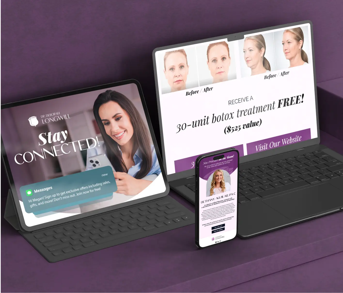 Tablets and smartphone displaying cosmetic services and botox treatment advertisement.