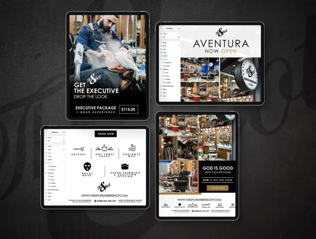 Four brochures showcase a modern barbershop's stylish interior and grooming services, featuring a vibrant atmosphere and contemporary design.