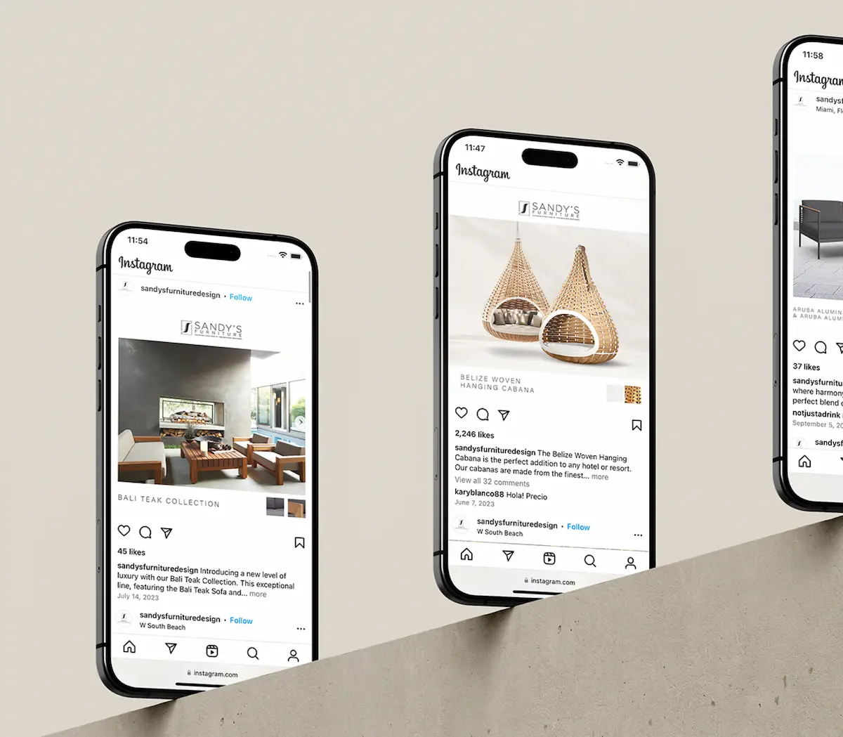 Three smartphones displaying Instagram posts, each showcasing modern interior design elements against a minimalist background.