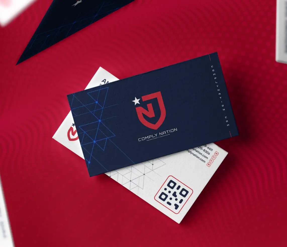 Business cards with a modern design on a red background, featuring a logo and QR code.