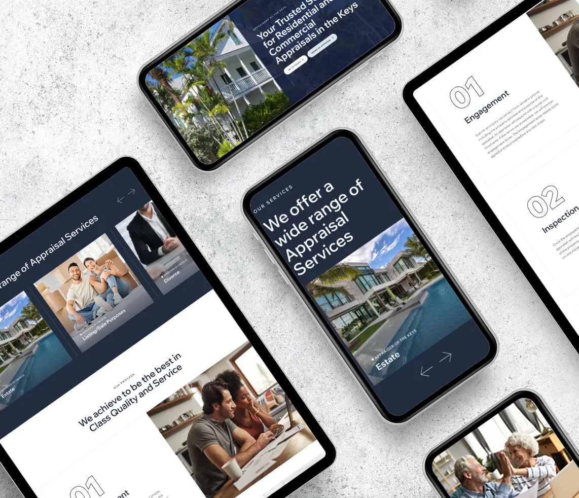 Mobile and tablet screens displaying appraisal services and financial consultation images.