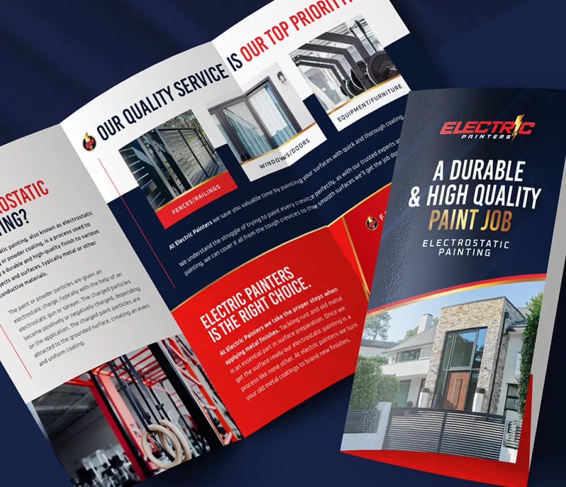 Tri-fold brochure showcasing high-quality electrostatic painting services with vibrant images and detailed text.