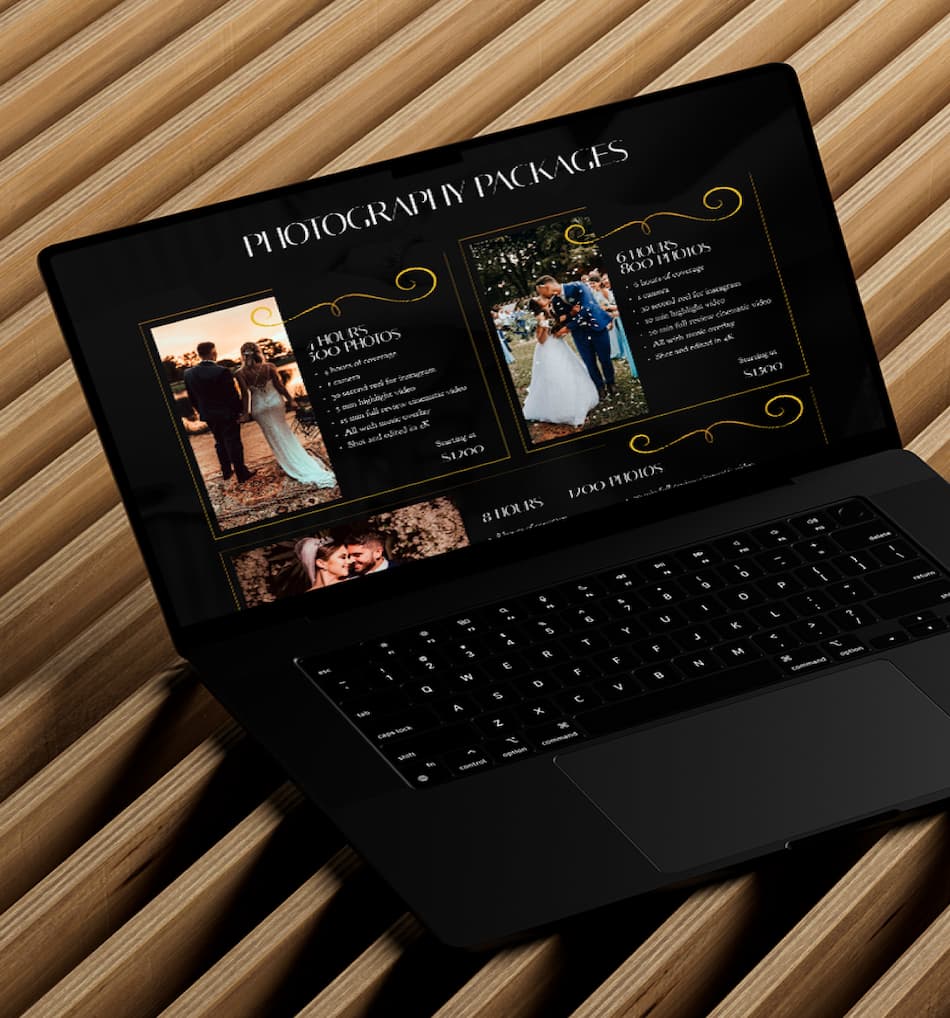 Laptop displaying wedding photography packages with elegant design.