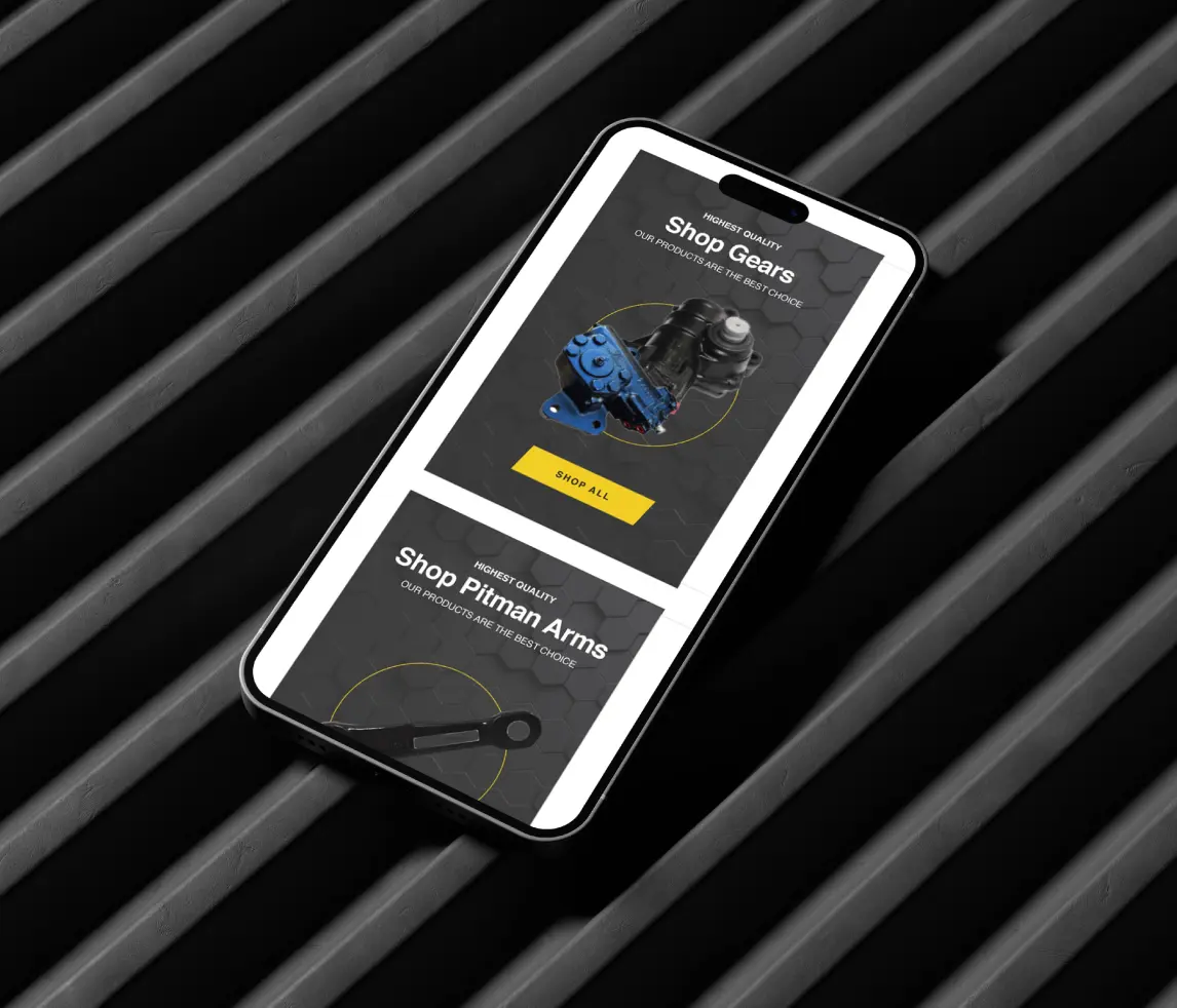 Smartphone displaying an online store for gears and pitman arms on a textured black surface.