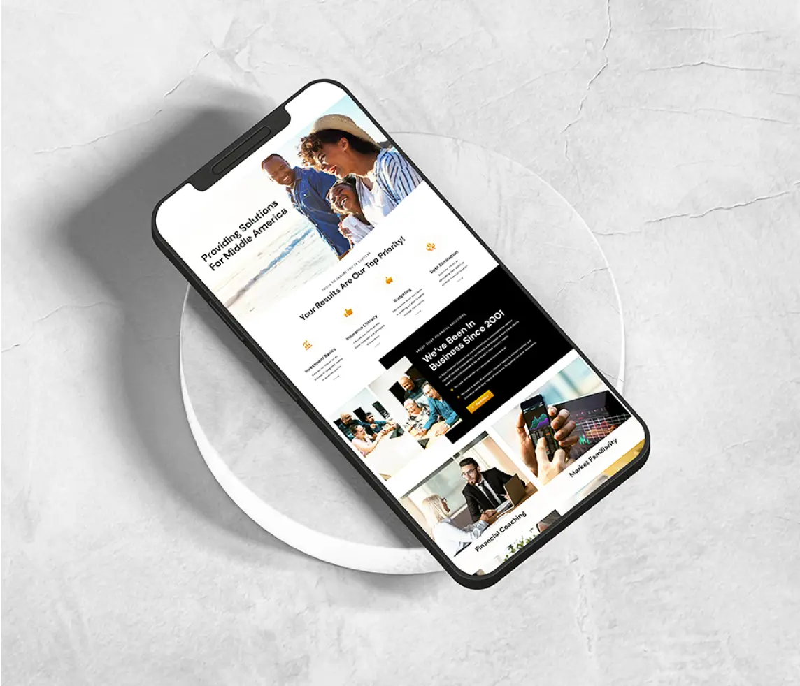 Smartphone displaying a business website layout with professionals in the background on a textured surface.