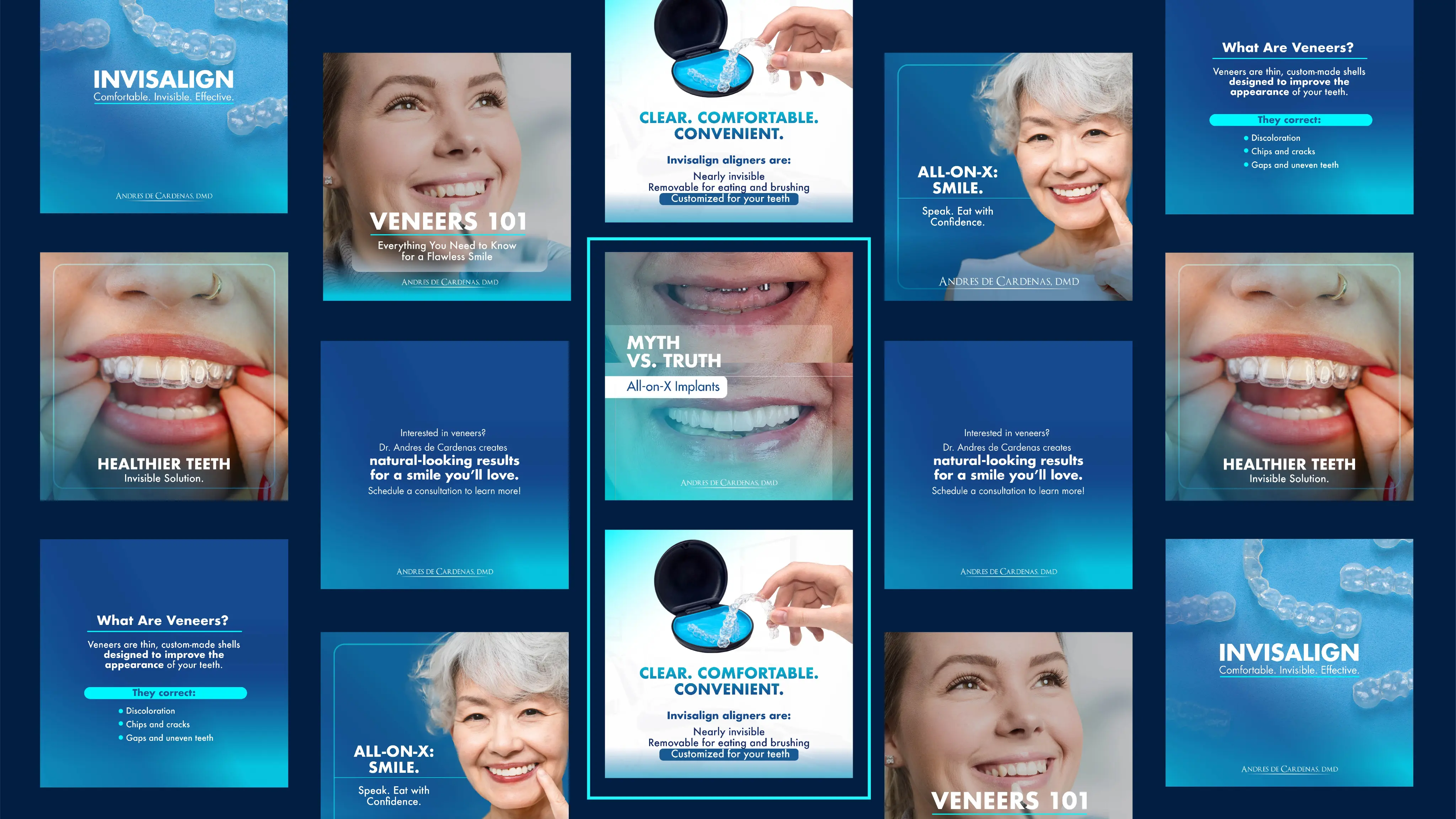 Collection of dental ad images showcasing smiling faces and dental solutions focused on confidence and aesthetics.