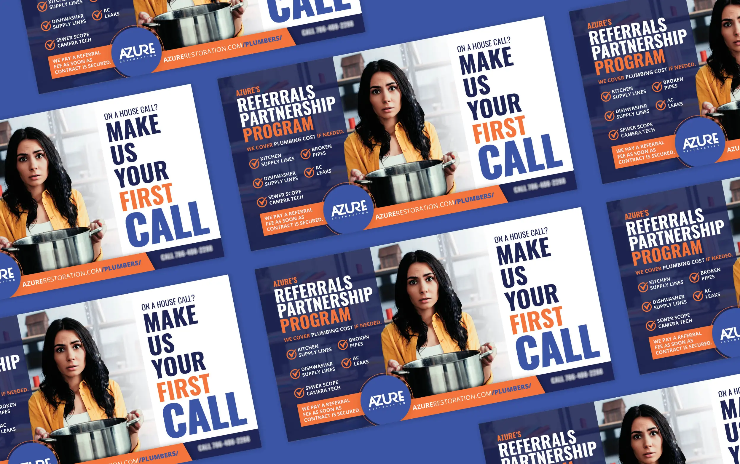 Woman holding a phone surrounded by promotional marketing materials for referral partnerships.