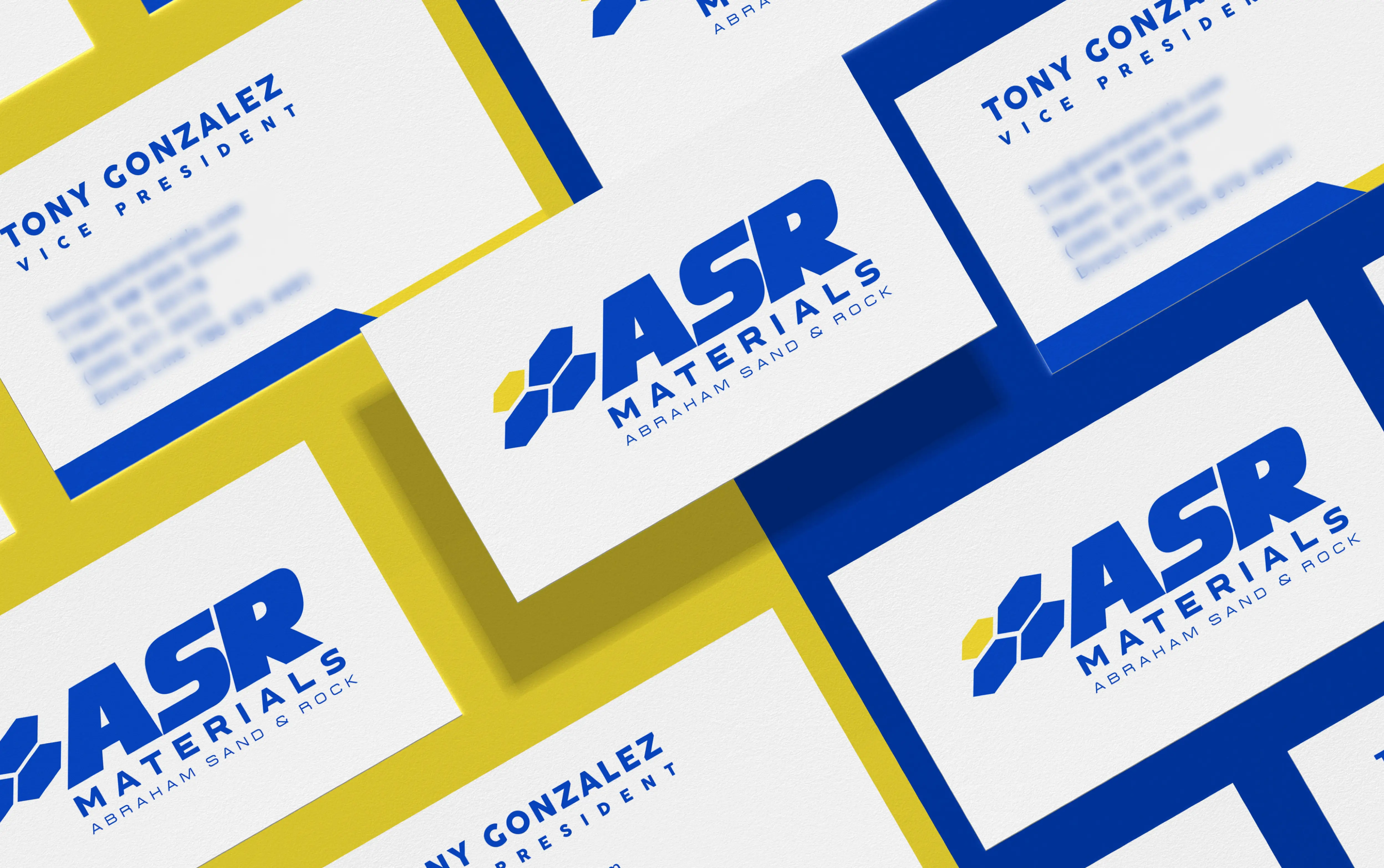 Business cards for ASR Materials with a blue and yellow design, featuring contact details for Tony Gonzalez, Vice President.