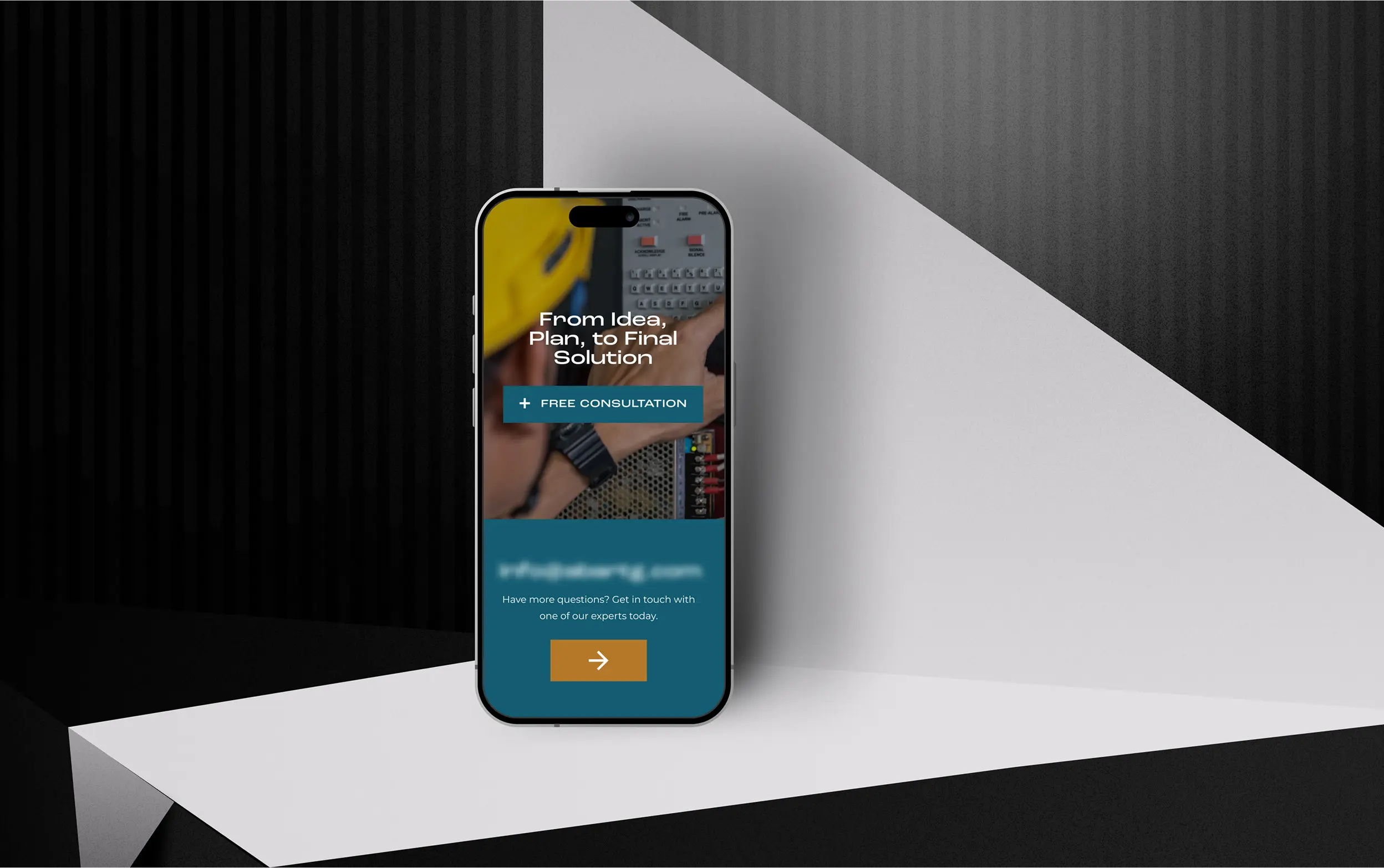 Smartphone displaying a vibrant website with a modern design, standing on a geometric surface.