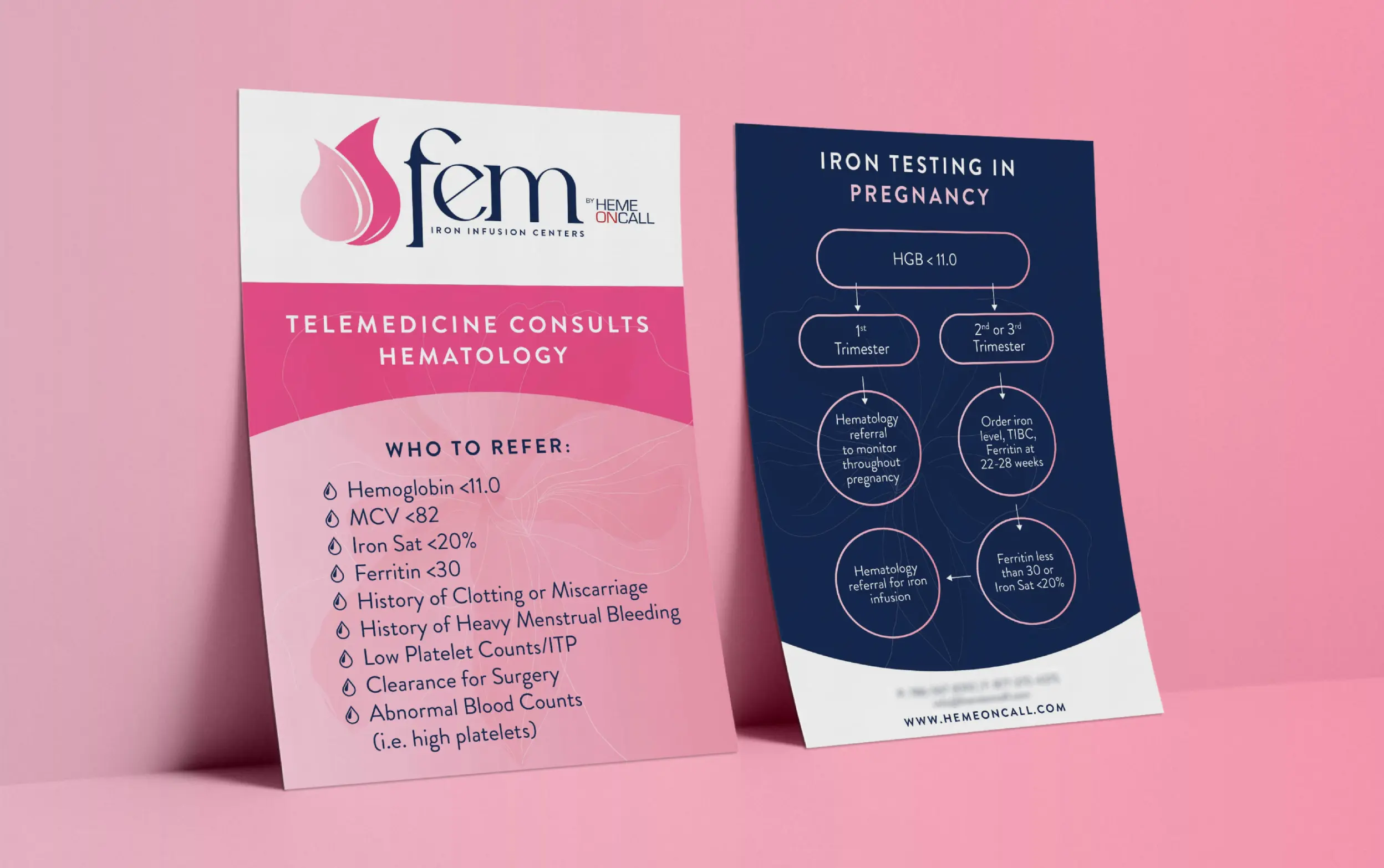 Two medical flyers featuring information on telemedicine hematology and iron testing during pregnancy against a pink background.