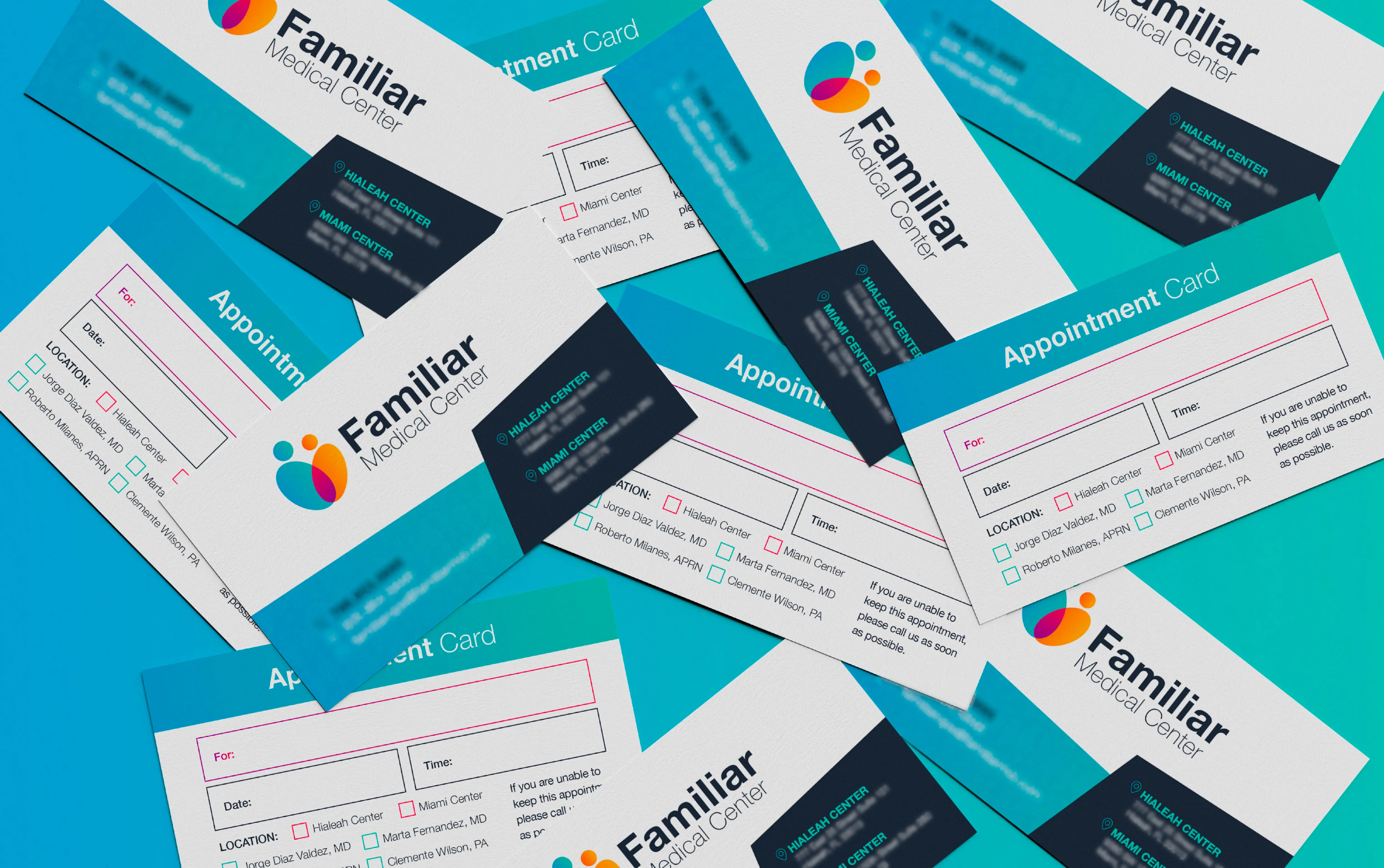 Colorful business and appointment cards arranged on a vibrant blue background.